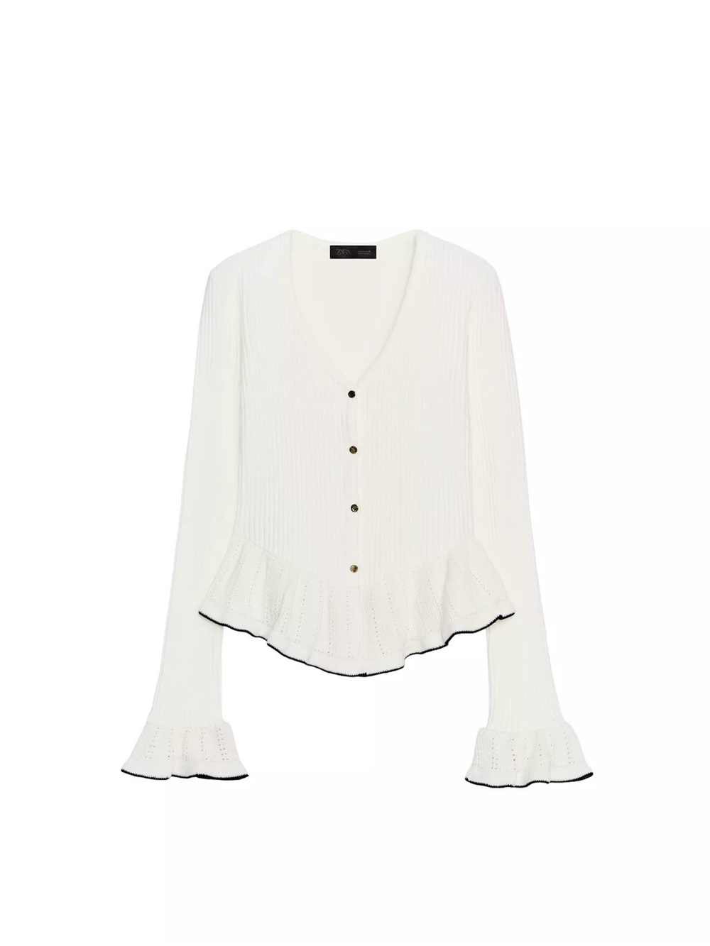 Zara White Ribbed Peplum Button Cardigan